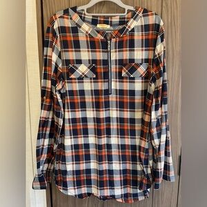 Baikea Womens Plaid Roll Tab Sleeve ZIP Neck Blouse size 2 XL